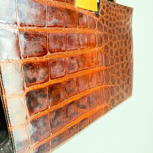 Vintage 50s 60s Crock Skin Brown medium Top Handle Bag - Picture 16 of 16